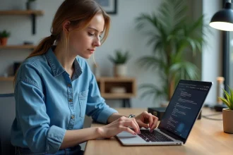 Femme en bureau installant un dispositif hairnet connect&eacute;