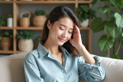 Femme détendue se massant le cuir chevelu dans un salon naturel