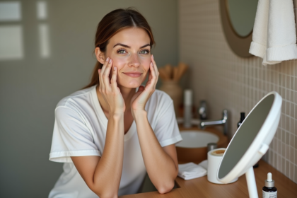 Femme appliquant une creme visage dans sa salle de bain