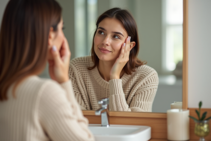 Femme appliquant cr&egrave;me hyaluronique dans sa salle de bain