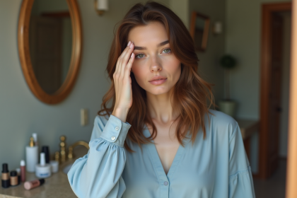 Femme se regardant dans le miroir en soin visage