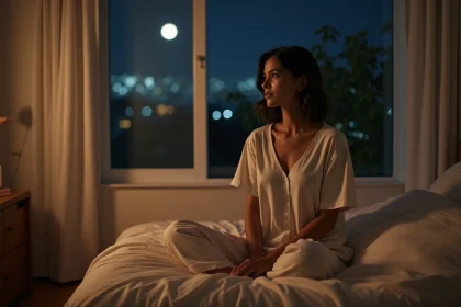 Femme en pyjama coton regardant par la fen&ecirc;tre la nuit