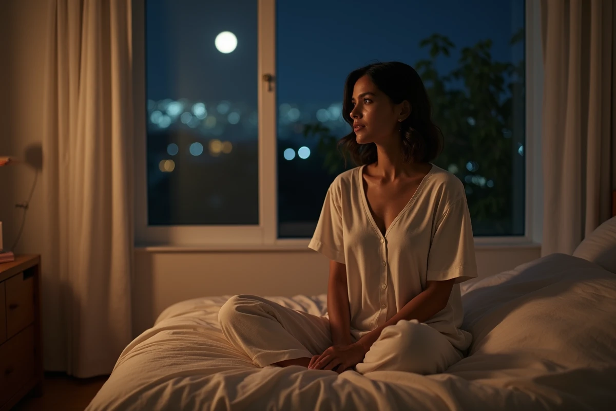 Femme en pyjama coton regardant par la fenêtre la nuit