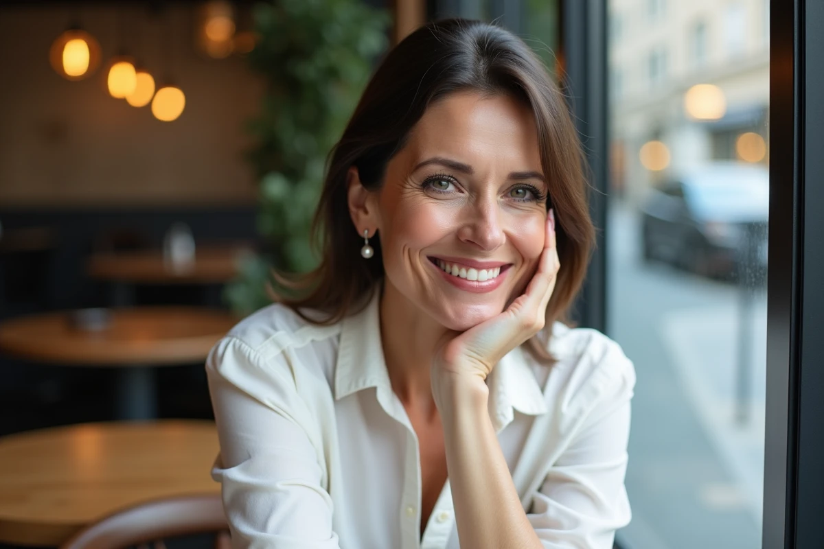 Femme souriante portant khol noir dans un café urbain