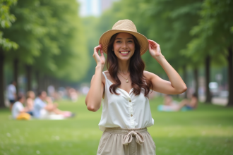 Femme souriante en été dans un parc urbain en plein air