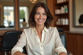 Femme souriante avec coupe bob dans un salon lyonnais