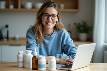 Femme souriante avec produits de parapharmacie &agrave; la maison