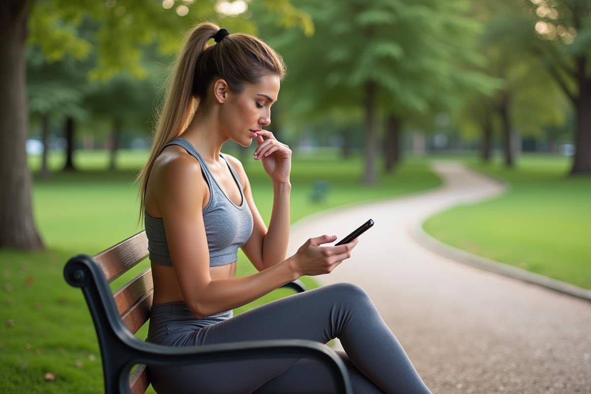 Jeune femme vérifiant son application de fitness dans un parc