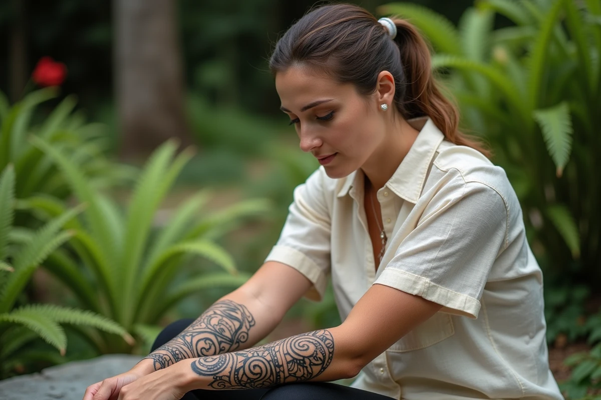 Femme polynésienne montrant son tatouage maori traditionnel aux motifs koru et manaia sur son avant-bras