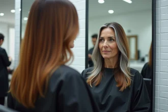 Femme en salon de coiffure avec cheveux mi-colorés mi-gris naturel, assise face au miroir dans une ambiance contemporaine