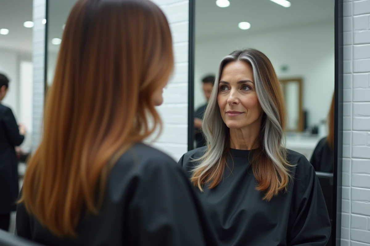Femme en salon de coiffure avec cheveux mi-colorés mi-gris naturel, assise face au miroir dans une ambiance contemporaine