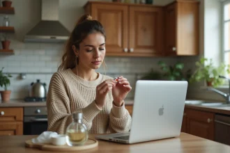 Femme en sweater beige déballant un parfum à la maison