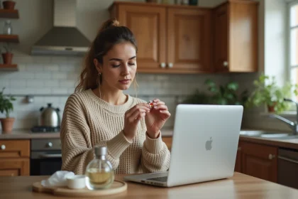 Femme en sweater beige d&eacute;ballant un parfum &agrave; la maison