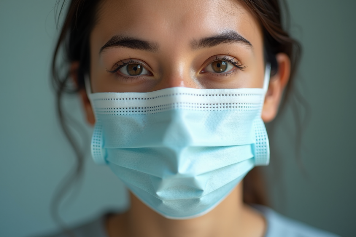 Femme avec un masque haute filtration sur la moitié du visage en gros plan