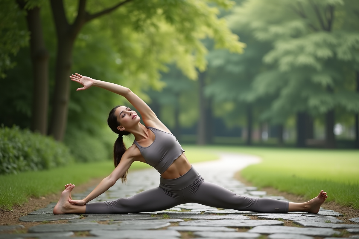 Femme en yoga en plein air sur un chemin de pierre