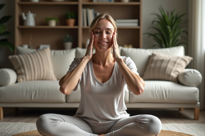 Femme d'âge moyen faisant un exercice de yoga facial dans un salon cosy