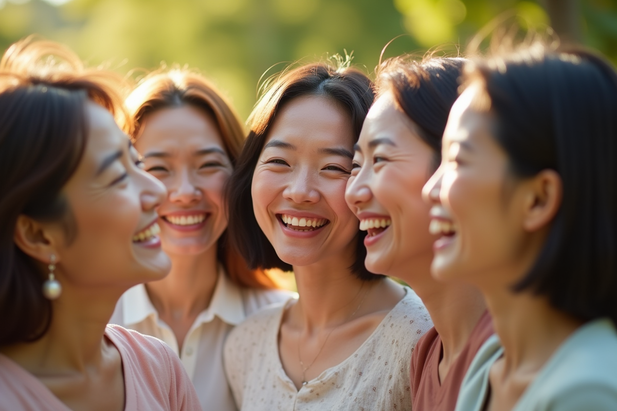 Groupe de femmes asiatiques souriantes dans un jardin ensoleille