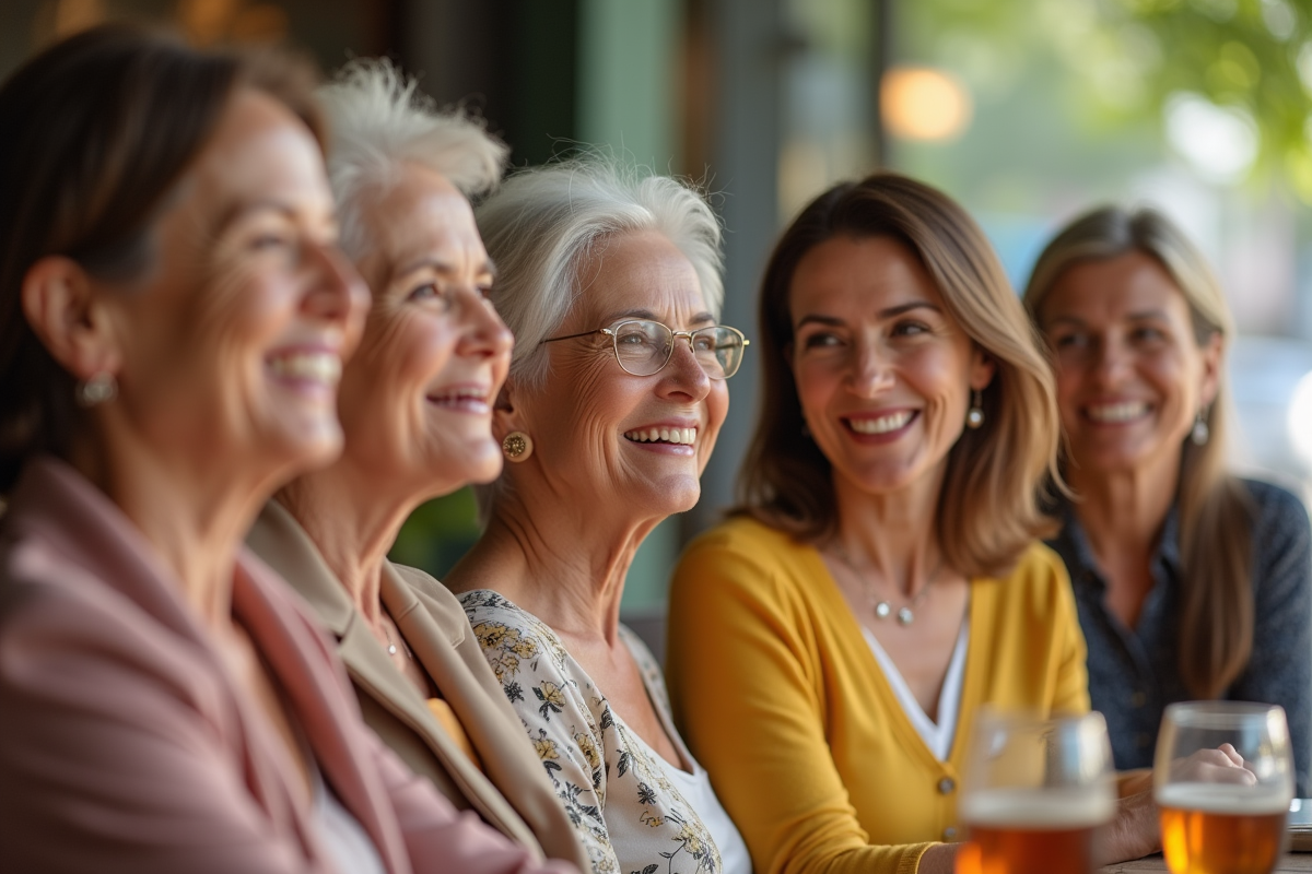 Groupe de femmes de plus de 50 ans souriantes au café