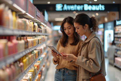 Deux femmes regardent &eacute;tiquettes de prix de produits de beaut&eacute;