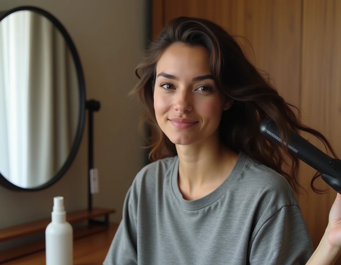 Jeune femme utilisant un fer à lisser sur ses pointes avec un spray protecteur thermique posé devant elle sur sa coiffeuse