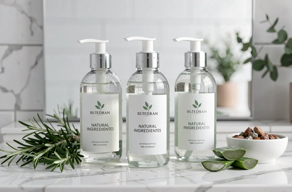 Flacons de shampoing naturel sans sulfate sans silicone posés sur un plan de travail en marbre avec des ingrédients botaniques