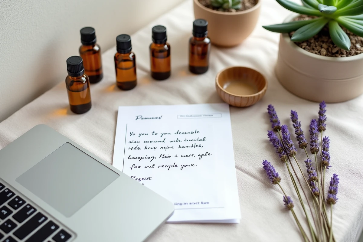 Vue de dessus d'un bon de commande et d'un code promo aromazon avec des flacons d'huiles essentielles