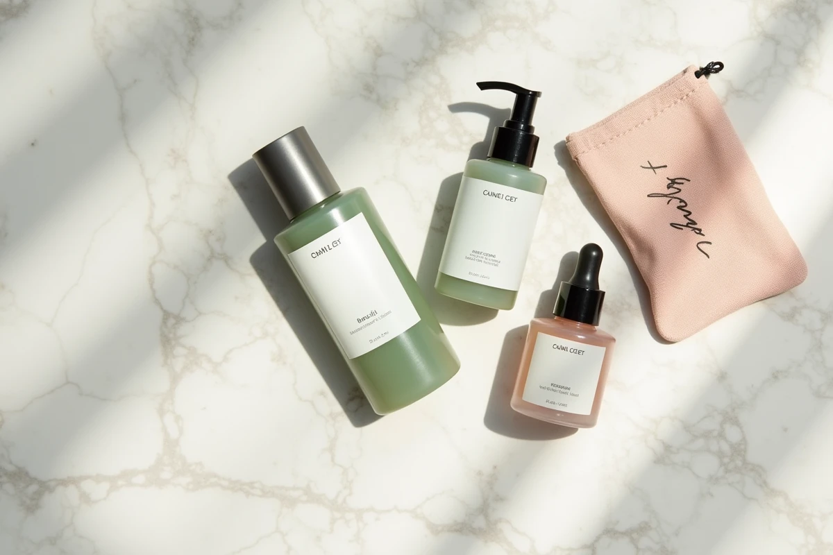 Flatlay de produits beauté de luxe Space NK disposés sur une surface en pierre pâle avec une liste de courses manuscrite