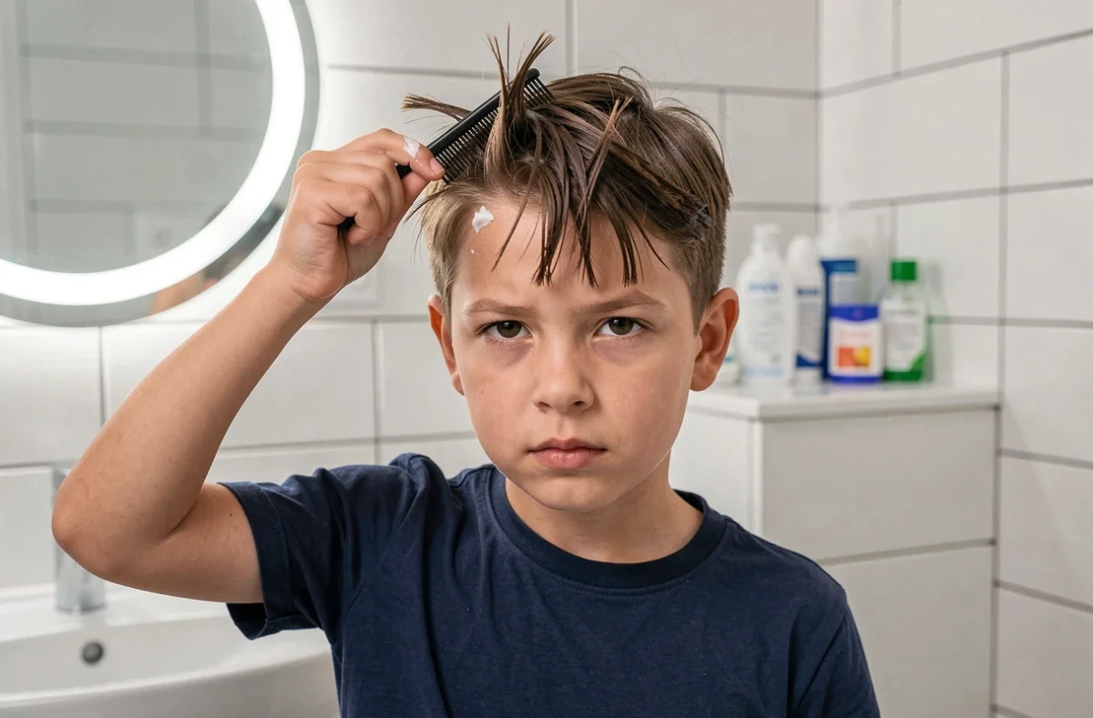 Garçon de 10 ans se coiffant un épi rebelle devant le miroir de la salle de bain avec une crème coiffante