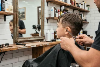 Jeune garçon avec un épi de cheveux dans un fauteuil de barbier professionnel, vu de trois quarts dans un miroir vintage