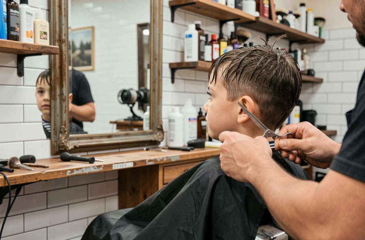Jeune garçon avec un épi de cheveux dans un fauteuil de barbier professionnel, vu de trois quarts dans un miroir vintage