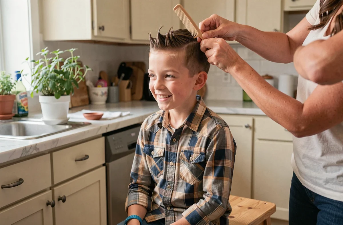 Petit garçon souriant avec un épi de cheveux fraîchement coiffé dans une cuisine familiale, assisté par une adulte avec un peigne