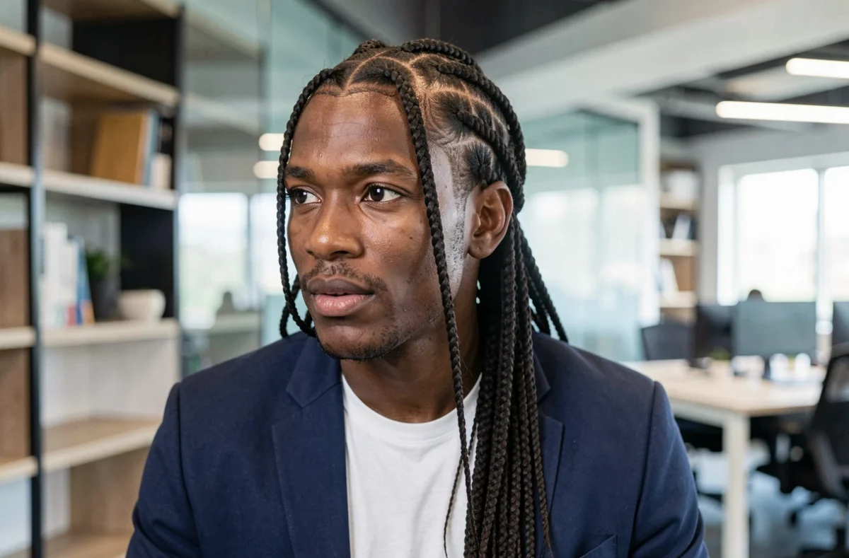 Homme professionnel portant des Ghana braids longues collées avec extensions dans un espace de travail moderne, coiffure afro tendance pour homme 2026