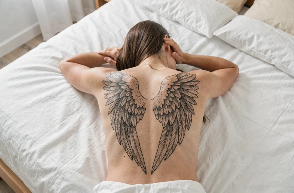Vue de dos d'une femme allongée révélant un grand tatouage ailes d'anges couvrant tout le dos, motif symétrique détaillé en noir