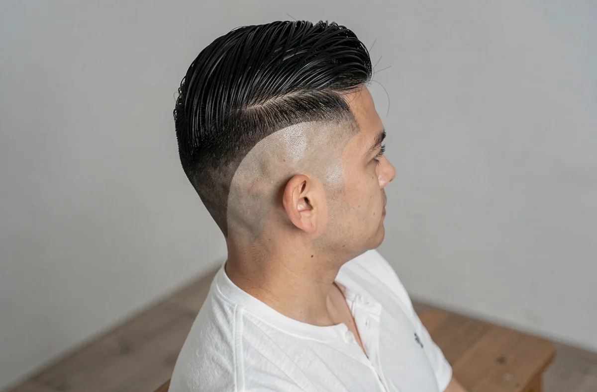 Gros plan sur la coupe dégradé raie sur le côté d'un homme aux cheveux épais et noirs vus de dos
