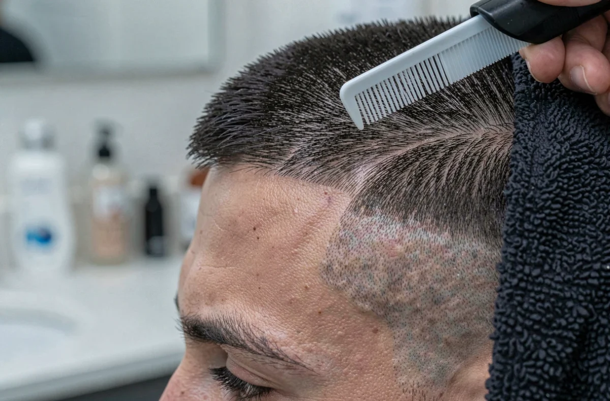 Gros plan sur un fade tapered bien défini au-dessus de l'oreille lors d'un entretien maison