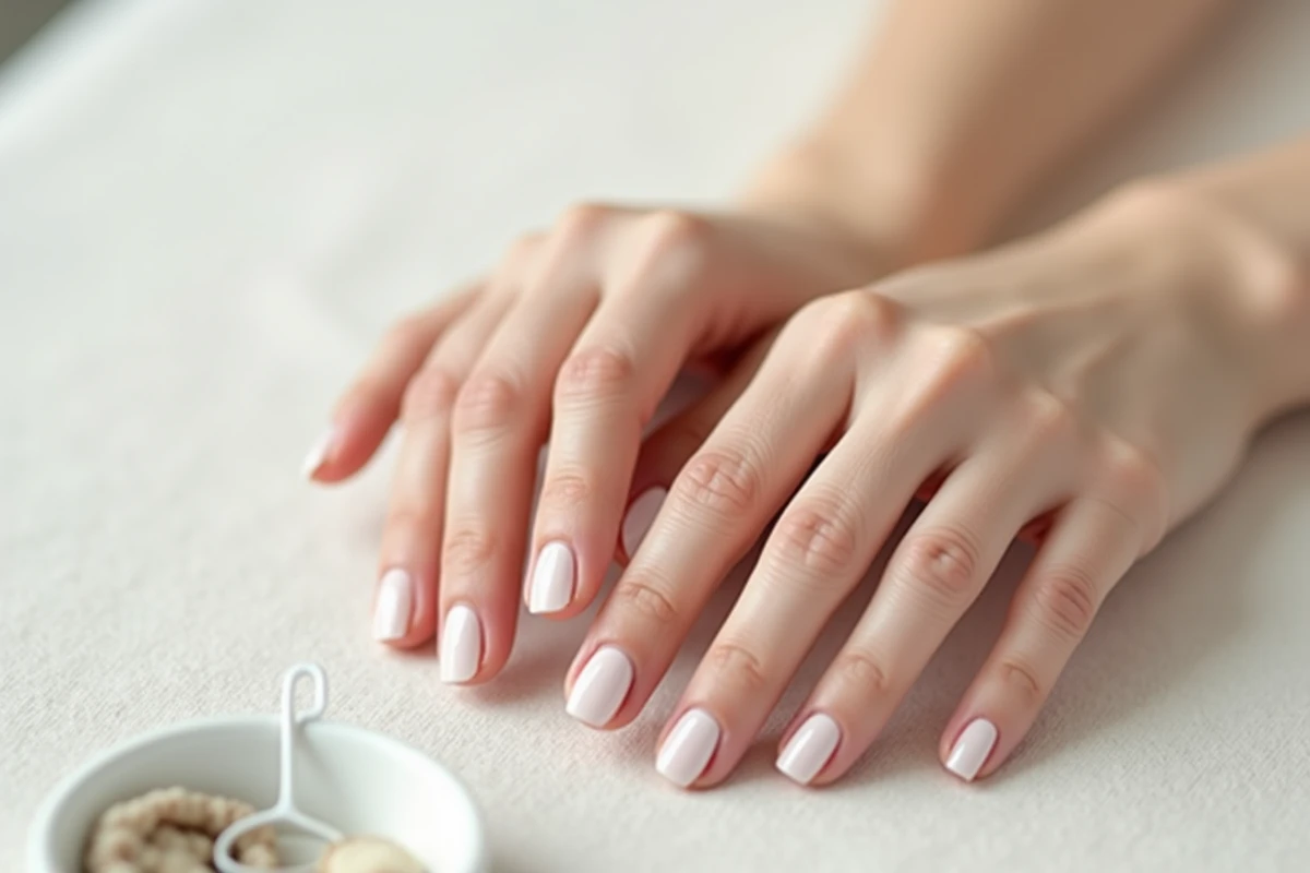Gros plan sur des ongles en porcelaine brillants et soignés sur fond texturé blanc cassé