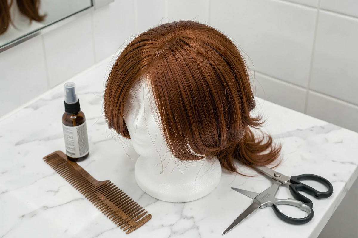 Gros plan sur une perruque synthétique montrant le contraste entre effet casque et volume naturel