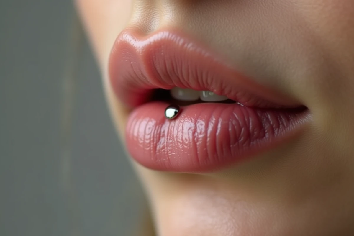 Gros plan macro d'un piercing labret décalé cicatrisé avec bijou en titane et légère rougeur autour du point de perçage