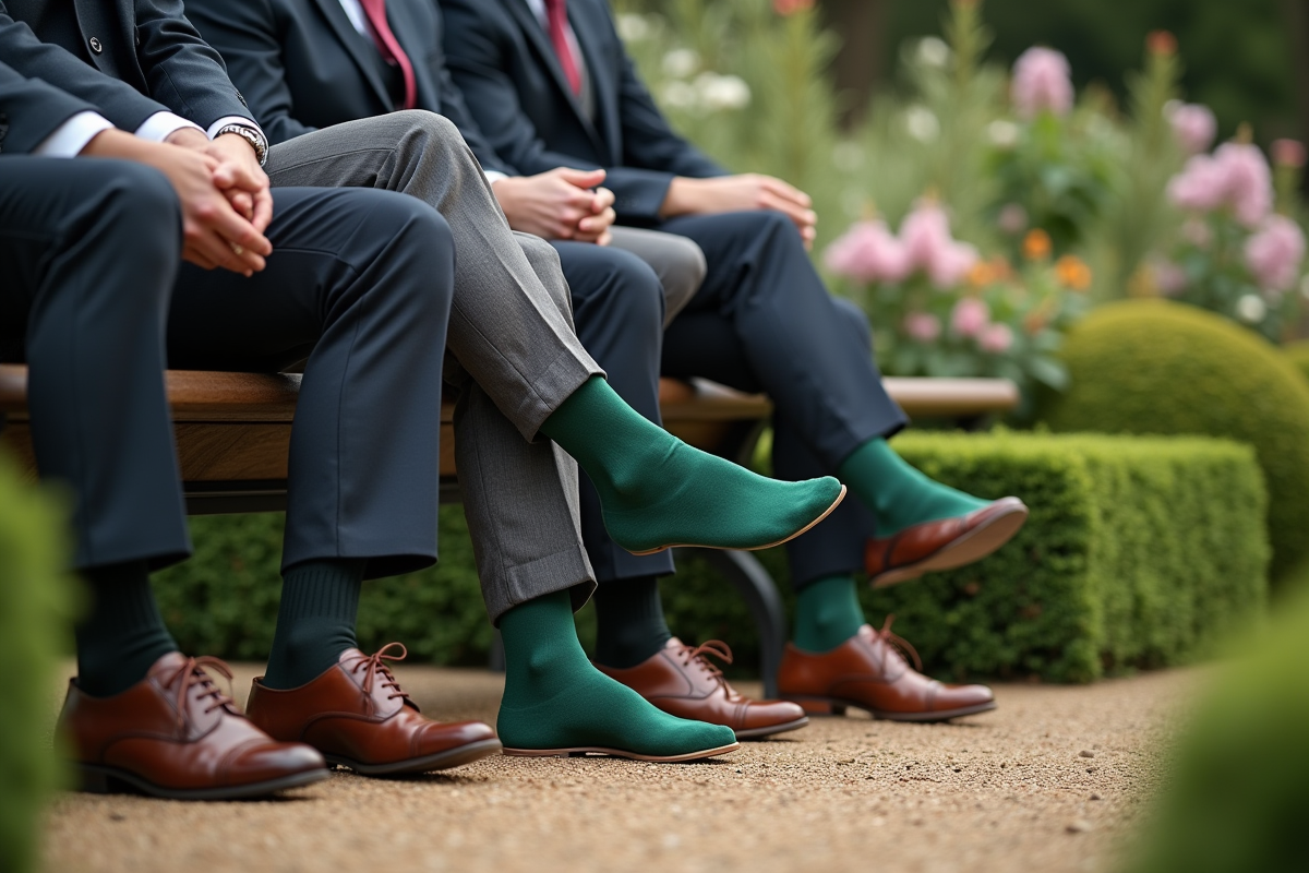 Invites de mariage aux chaussettes colorées sur un banc extérieur