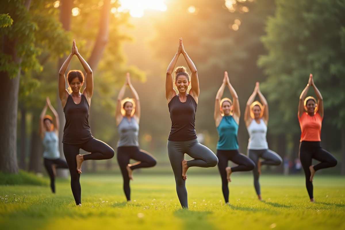 Groupe divers pratiquant le yoga en plein air dans un parc ensoleille