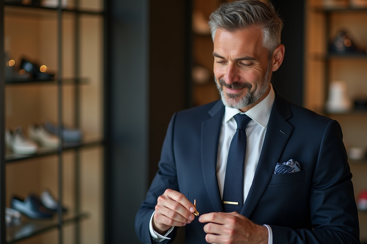 Homme essayant une pince à cravate dans une boutique élégante