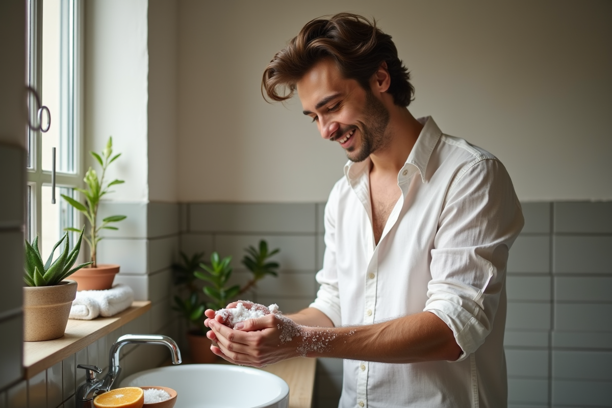 Homme appliquant un gommage au sel dans sa salle de bain