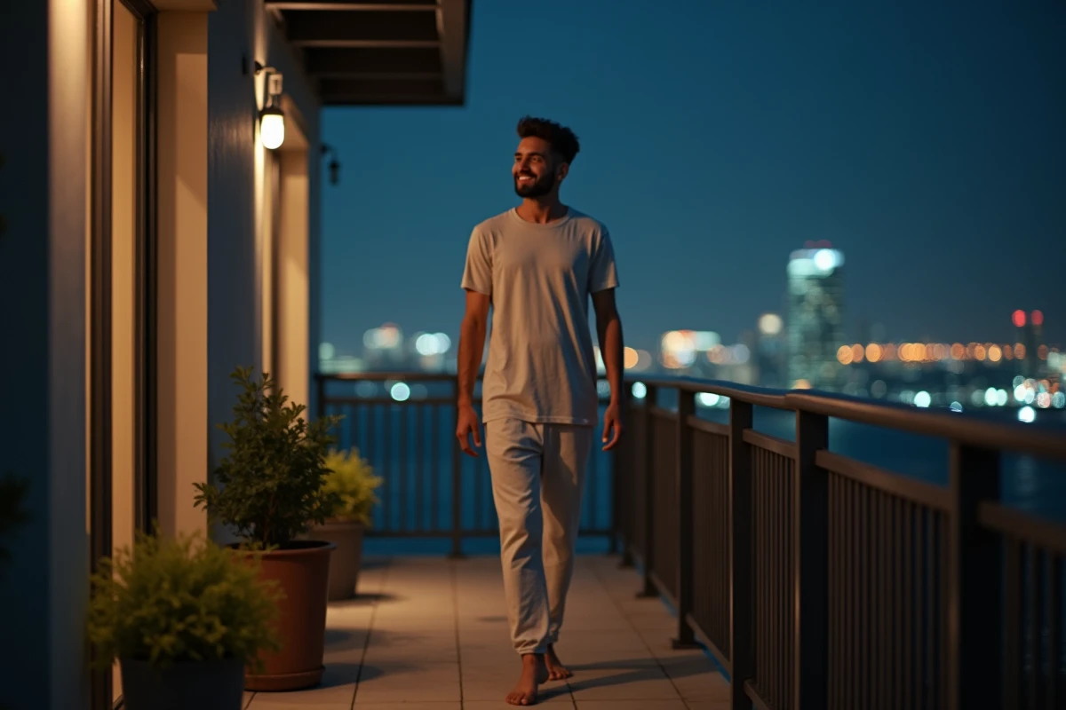 Jeune homme souriant sur un balcon urbain la nuit