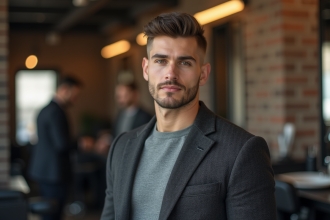 Homme élégant avec coupe textured dans un barbershop moderne