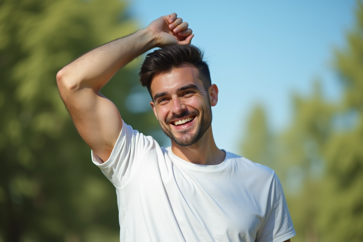 Homme souriant avec bras levé en extérieur en pleine nature
