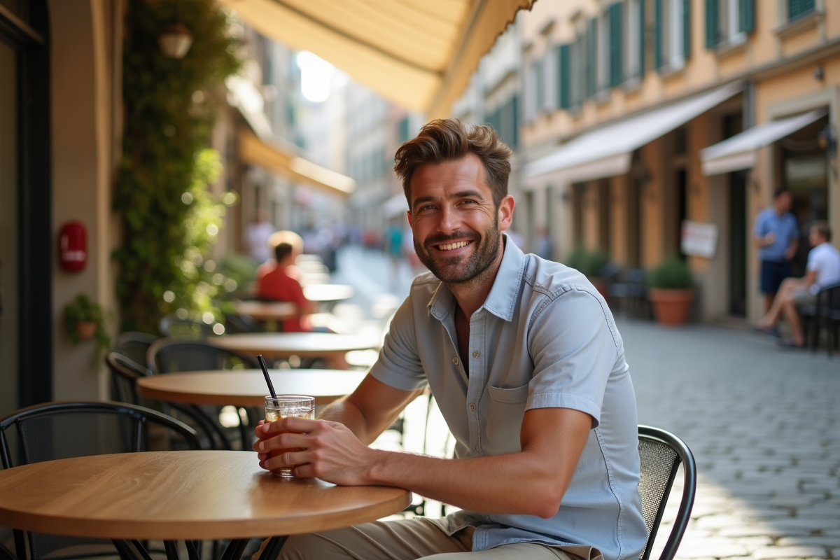 Homme détendu buvant un thé glacé en terrasse en été