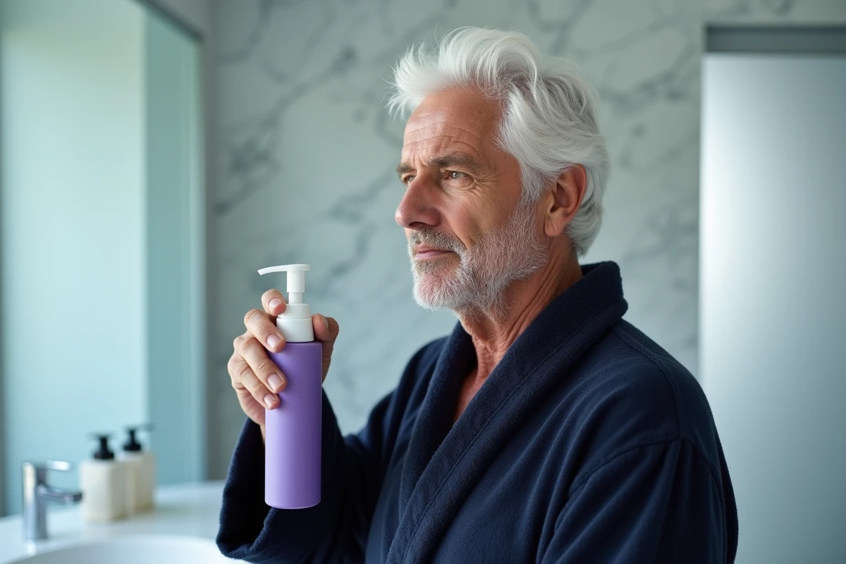 Homme aux cheveux blancs appliquant un shampooing violet anti-jaunissement dans sa salle de bain