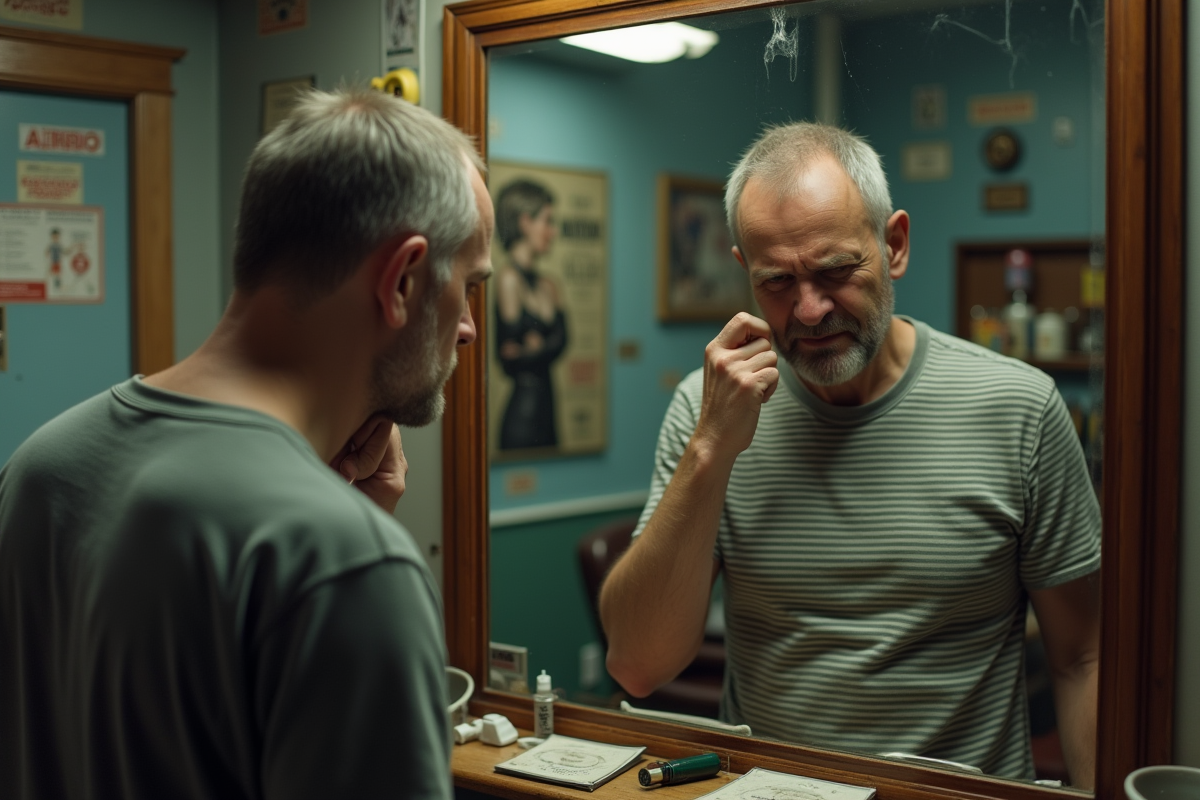 Homme regardant son reflet avec une coupe de cheveux inégale