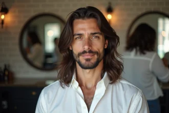 Homme aux cheveux longs avec dégradé bas précis, vue trois quarts en barbershop vintage avec miroirs et outils de coiffure