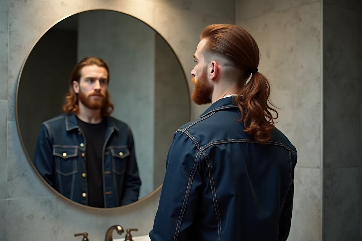 Homme aux cheveux longs ondulés avec dégradé bas en salle de bain moderne, reflet miroir montrant le fondu nuque